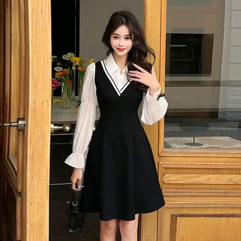 Women'S Fashion Petite - 슬림한 A라인 봄 원피스 긴팔 셔츠